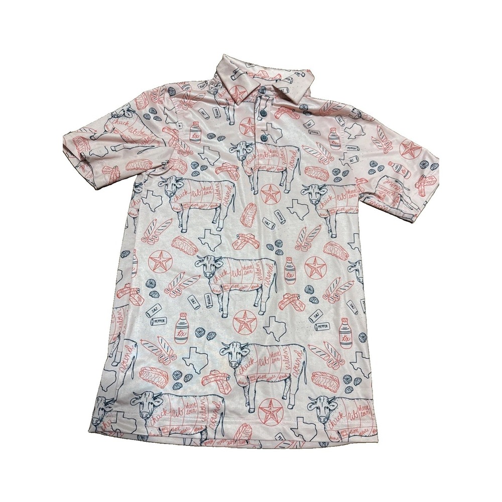 Performance Polo Raised By Coyotes Texas Rodeo BBQ Print Boys Youth Size Small